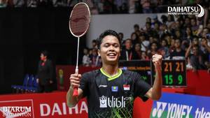 Selebrasi kemenangan Anthony Sinisuka Ginting (Indonesia).