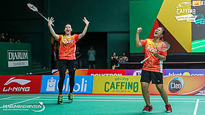 Selebrasi kemenangan Jesita Putri Miantoro/Putri Larasati (PB Exist).