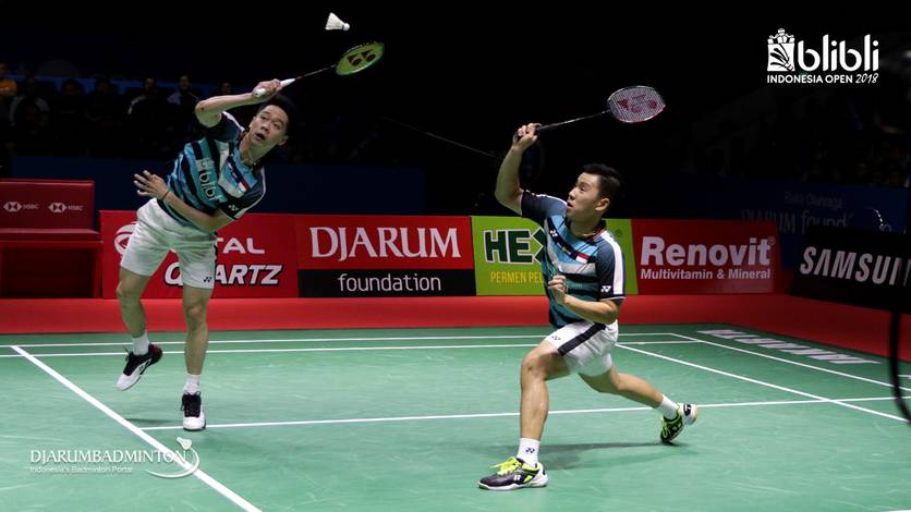 Kevin Sanjaya Sukamuljo/Marcus Fernaldi Gideon saat tampil di Blibli Indonesia Open 2018.