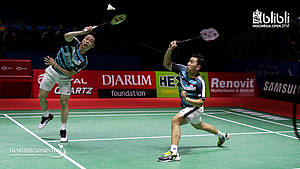 Kevin Sanjaya Sukamuljo/Marcus Fernaldi Gideon saat tampil di Blibli Indonesia Open 2018.