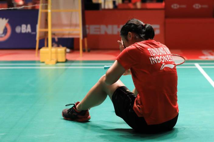Ekspresi kekecewaan Gregoria Mariska Tunjung tersingkir dari kejuaraan Malaysia Masters 2019 BWF World Tour Super 500.
