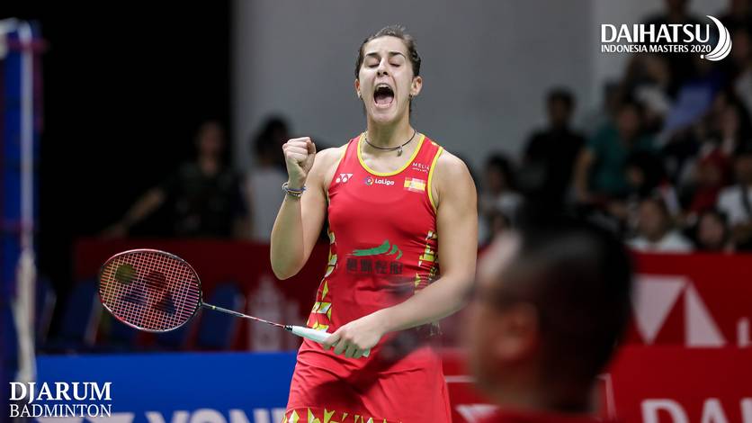 Selebrasi kemenangan Carolina Marin (Spanyol).
