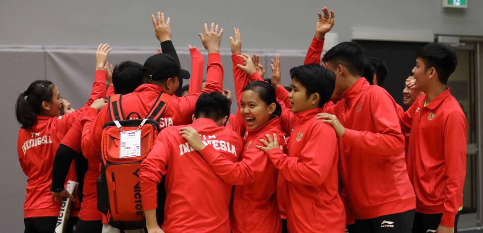 Kekompakan tim beregu Indonesia usai sesi latihan.
