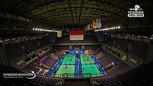 Suasana persiapan Tiket.com Kejurnas PBSI 2018 di Britama Arena.