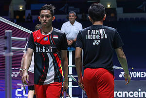 Ekspresi kekecewaan Fajar Alfian/Muhammad Rian Ardianto (Indonesia).