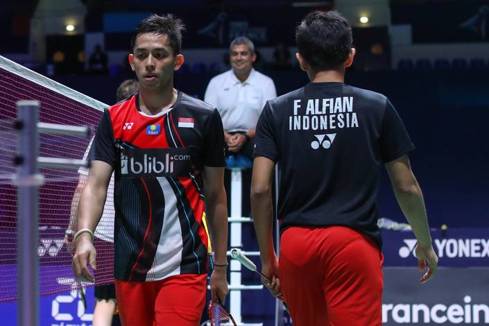 Ekspresi kekecewaan Fajar Alfian/Muhammad Rian Ardianto (Indonesia).