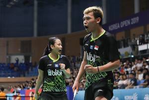 Selebrasi kemenangan Rinov Rivaldy/Pitha Haingtyas Mentari (Indonesia). (Foto: PP PBSI)