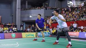 Hendra Setiawan/Mohammad Ahsan (Indonesia) saat tampil pada pertandingan eksebisi Kejurnas PBSI 2019 di Palembang, Sumatera Selatan.