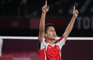 Selebrasi kemenangan Anthony Sinisuka Ginting (Indonesia). (Foto: BADMINTONPHOTO - Yves Lacroix)