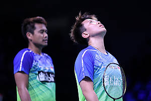 Ekspresi kekecewaan Tontowi Ahmad/Liliyana Natsir.
