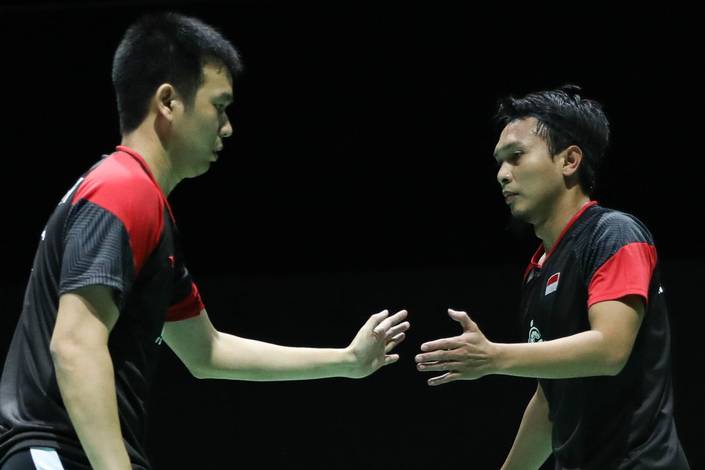 Selebrasi Hendra Setiawan/Mohammad Ahsan (Indonesia).