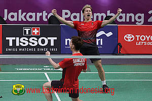 Selebrasi kemenangan Kevin Sanjaya Sukamuljo/Marcus Fernaldi Gideon.