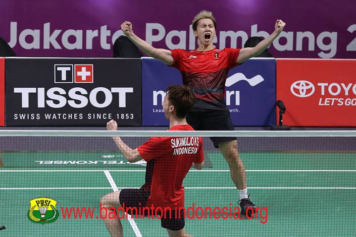 Selebrasi kemenangan Kevin Sanjaya Sukamuljo/Marcus Fernaldi Gideon.