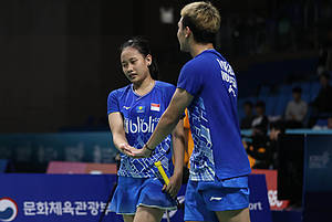 Ekspresi Rinov Rivaldy/Pitha Haningtyas Mentari (Indonesia).