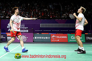 Selebrasi kemenangan Kevin Sanjaya Sukamuljo/Marcus Fernaldi Gideon.