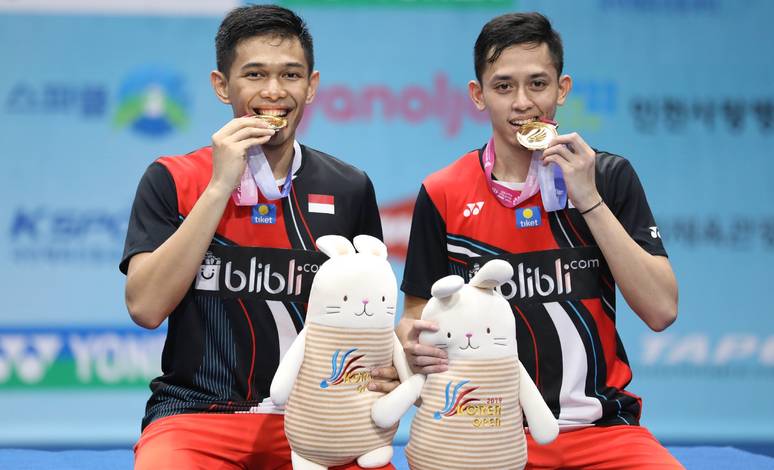 Ganda putra Indonesia nomor tujuh dunia, Fajar Alfian/Muhammad Rian Ardianto saat menjuarai Korea Open 2019 BWF World Tour Super 500. (Foto: PP PBSI)
