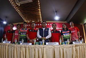 Para pembicara konfrensi pers Gubernur Sumatera Selatan Kejuaraan Nasional PBSI 2019.