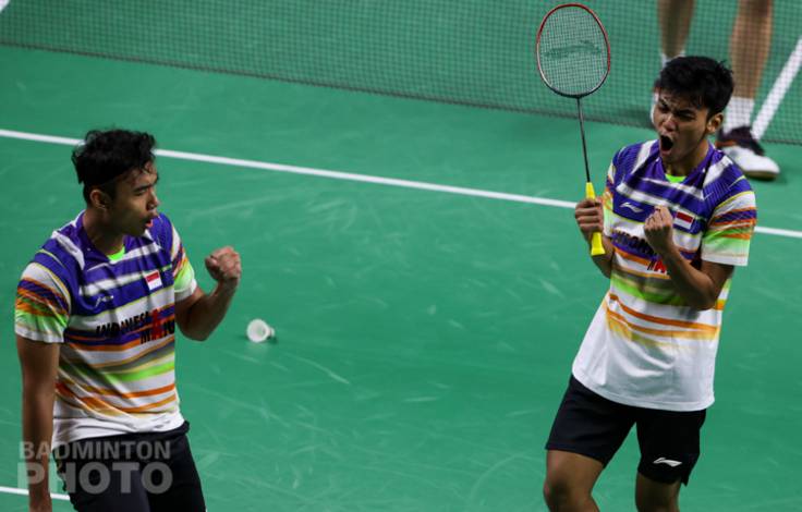 Selebrasi kemenangan Bagas Maulana/Muhammad Shohibul Fikri (Indonesia). (Copyright: Badmintonphoto | Courtesy of BWF)