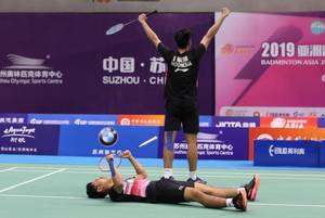 Selebrasi kemenangan Leo Rolly Carnando/Daniel Marthin (Indonesia). (Foto: PP PBSI)