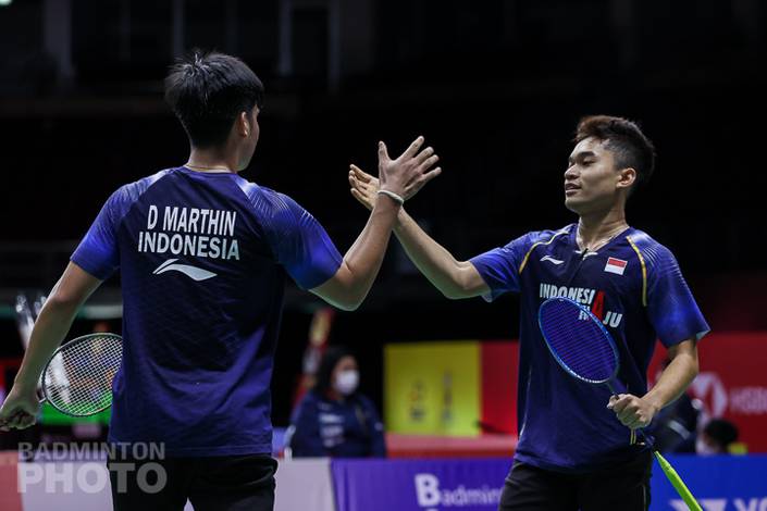 Selebrasi ganda putra Indonesia, Daniel Marthin/Leo Rolly Carnando. (Copyright: Badmintonphoto | Courtesy of BWF)