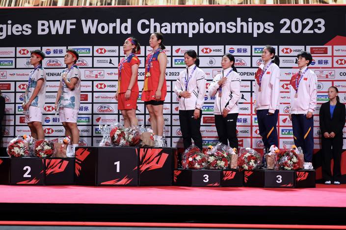 Podium ganda putri pada Kejuaraan Dunia Bulu Tangkis 2023 (Humas PP PBSI)