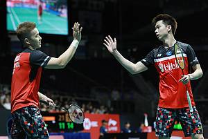 Selebrasi kemenangan Kevin Sanjaya Sukamuljo/Marcus Fernaldi Gideon (Indonesia).